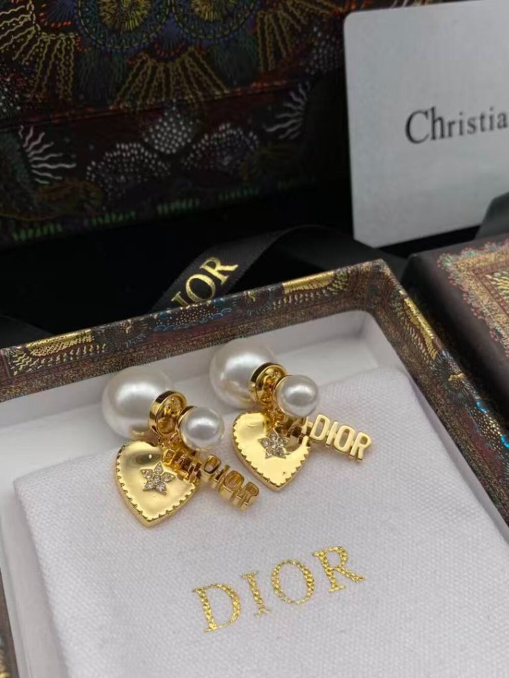 Dior Tribales Heart & "DIOR" Logo Pearl Drop Earrings